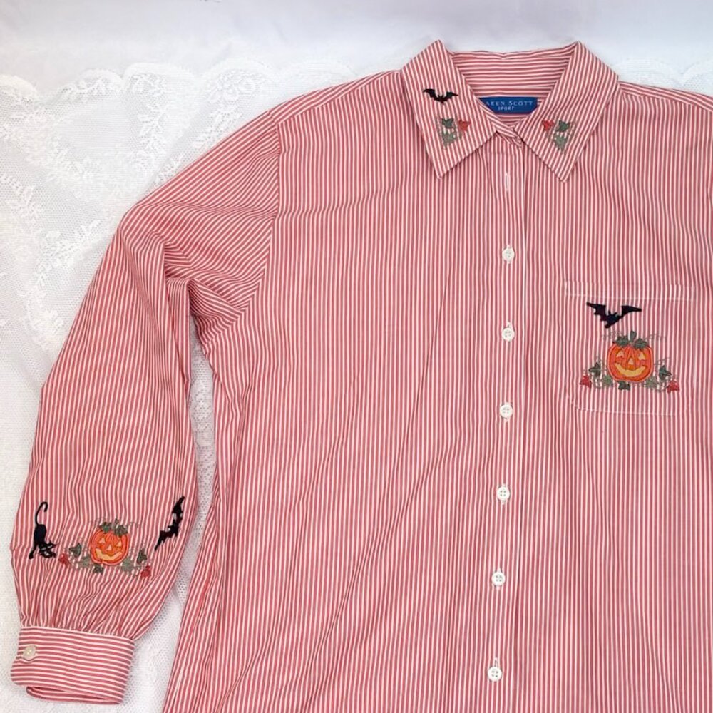 Woman's Halloween Shirt Blouse Karen Scott Embroidered Holiday Button Down Top